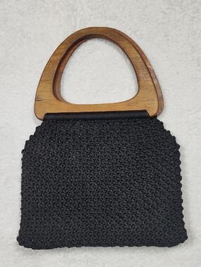 Vintage Handmade Black Macrame Handbag With Wooden Handle